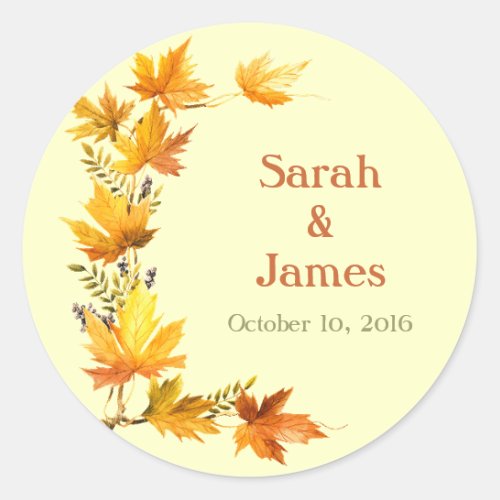 Autumn Leaves Wedding Save_the_Date Orange Yellow Classic Round Sticker