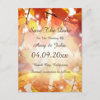 Autumn Leaves Wedding Save The Date Postcard by FancyMeWedding at Zazzle