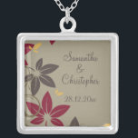 Autumn Leaves Wedding Silver Plated Necklace<br><div class="desc">An elegant design for a Fall Wedding with leaves in the autumn colors of yellow, red and brown falling with green flourishes on an olive green background. The color of the text coordinates with the color of the dark leaves. Fully customizable for your own special occasion. This coordinates with the...</div>