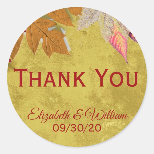 Autumn Leaves Wedding Thank You Classic Round Sticker (Front)