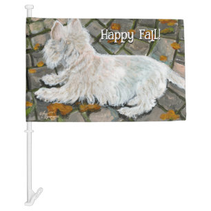 Autumn Leaves Westie on Patio Car Flag