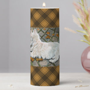 Autumn Leaves Westie on Patio Pillar Candle