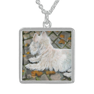 Autumn Leaves Westie on Patio Sterling Silver Necklace