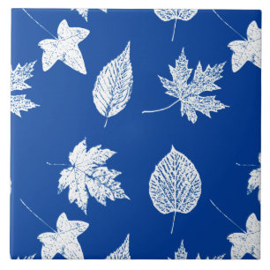 Autumn leaves - white and cobalt blue ceramic tile