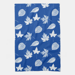 Autumn leaves - white and cobalt blue towel