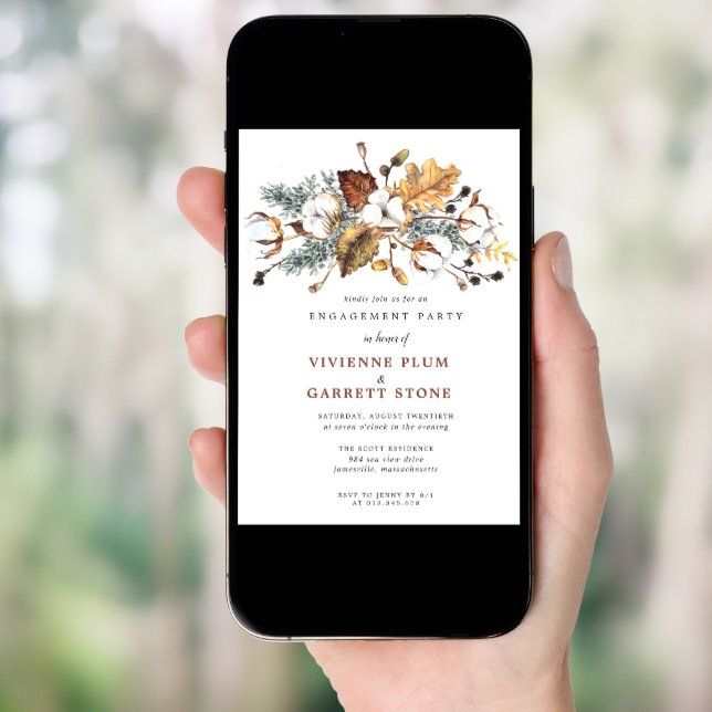 Autumn Leaves White Floral Engagement Party Invitation (Front Digital)