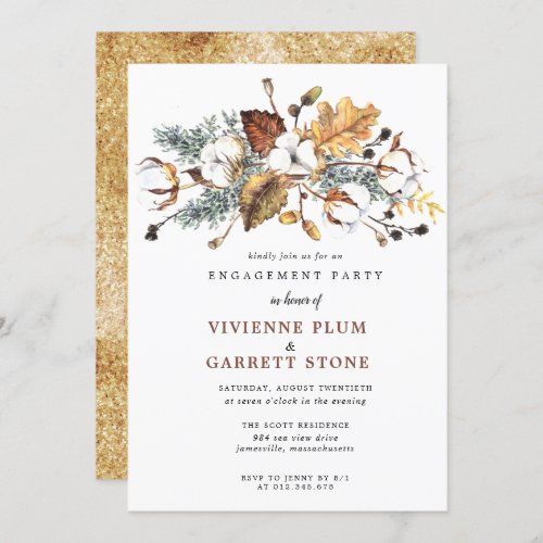 Autumn Leaves White Floral Engagement Party Invitation