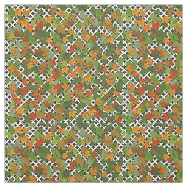 Autumn Leaves White Trellis Print Pattern Fabric (Swatch)