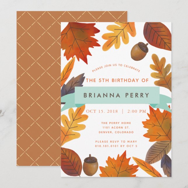 Autumn Leaves White Watercolor Kids Birthday Invitation (Front/Back)