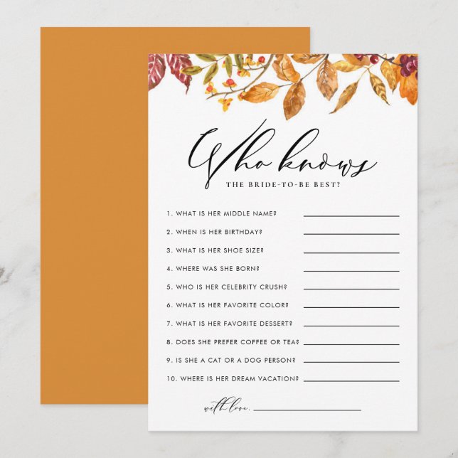 Autumn Leaves Who Knows the Bride-to-Be Best Game Note Card (Front/Back)