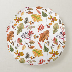 Autumn Leaves with Acorn and Wild Berries Seamless Round Pillow