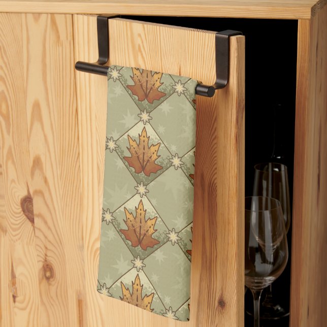 Autumn Leaves with Stars Diamond Pattern Kitchen Towel (Thirds Fold)