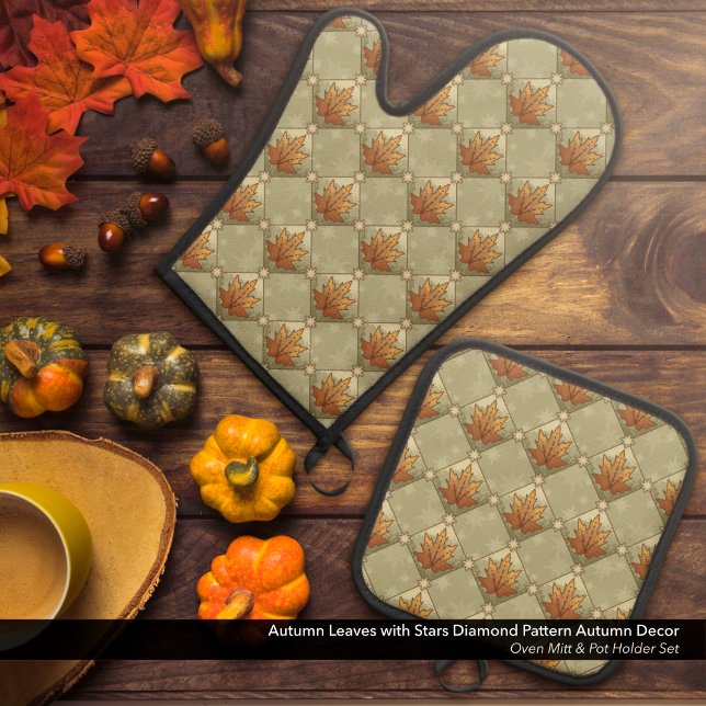 Autumn Leaves with Stars Diamond Pattern Oven Mitt & Pot Holder Set (Autumn Leaves with Stars Diamond Pattern Fall Kitchen Accessories: Oven Mitt & Pot Holder Set)