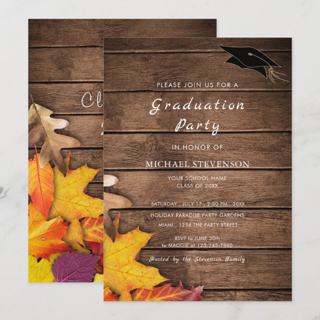 Autumn Leaves Wooden Planks Graduation Invitation (Front/Back)