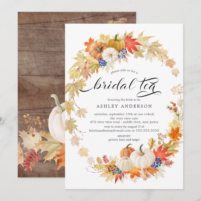 Autumn Leaves Wreath Bridal Shower Tea Invitation (Front/Back)