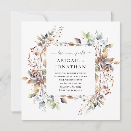 Autumn Leaves Wreath Christian Bible Verse Wedding Invitation