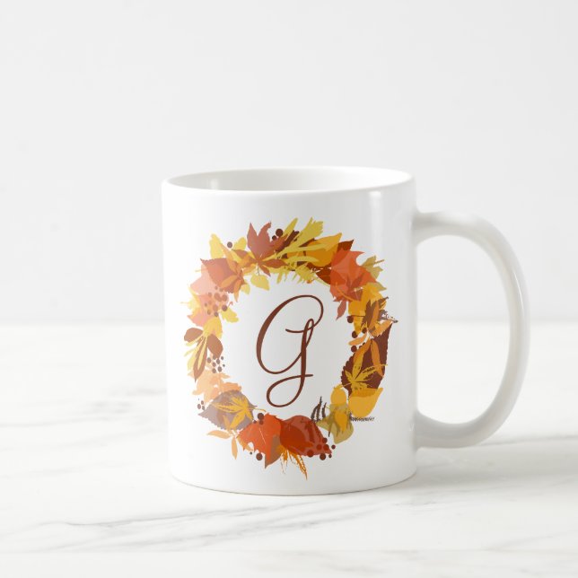 Autumn Leaves Wreath Personalized Monogram Mug (Right)