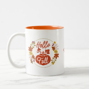 Autumn Leaves Wreath Pumpkin Name Monogram Two-Tone Coffee Mug