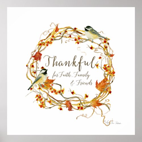Autumn Leaves Wreath Watercolor Thankful Family Poster