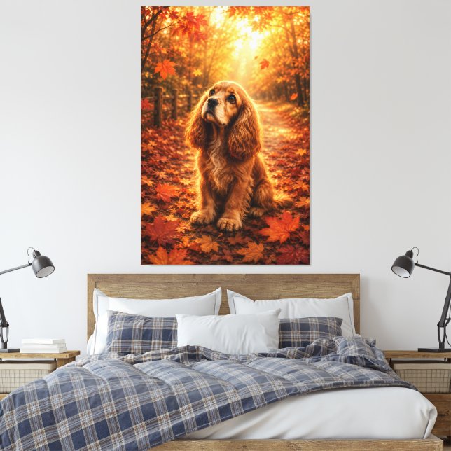 Autumn Light Cocker Spaniel Puppy – Cozy Fall Fore Canvas Print (Insitu(Bedroom))