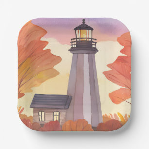 Autumn Lighthouse Fall Foliage Watercolor Paper Plates
