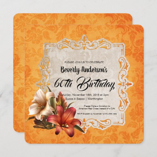 Autumn Lilies Golden Damask Birthday Party Invitation