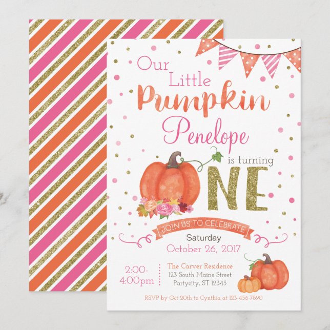 Autumn Little Pumpkin 1st Birthday Invitation (Front/Back)