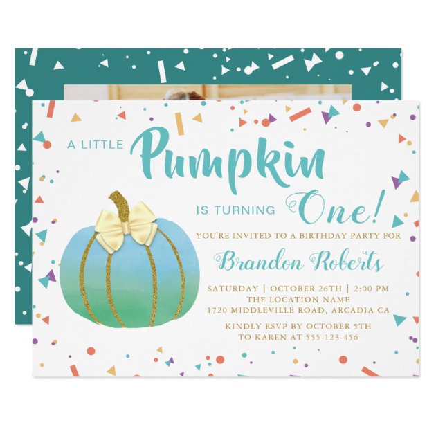 Autumn Little Pumpkin Boy 1st Birthday Photo Invitation