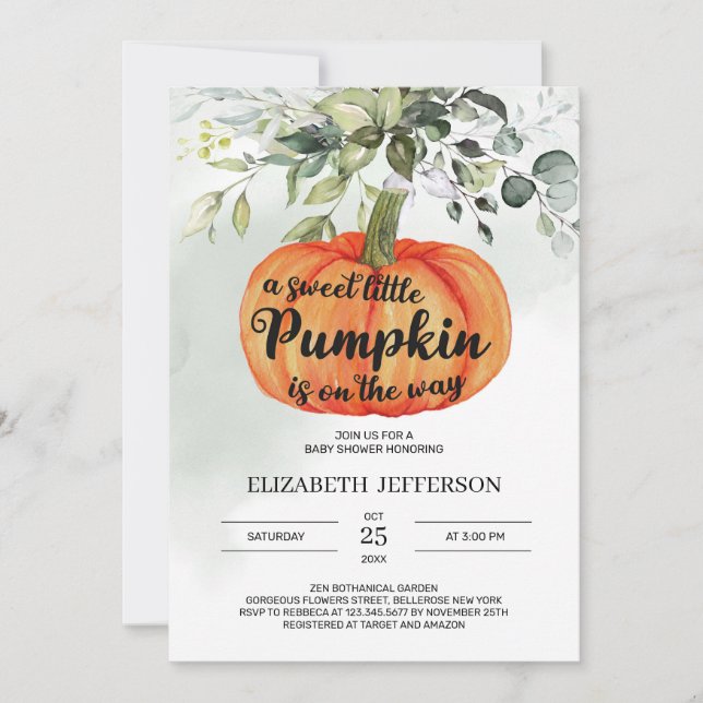 Autumn little pumpkin greenery foliage baby shower invitation (Front)