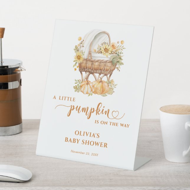 Autumn Little Pumpkin Neutral Baby Shower Pedestal Sign (In SItu)