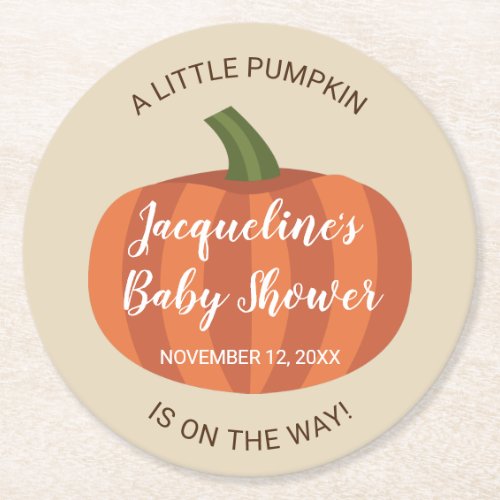 Autumn Little Pumpkin On The Way Baby Shower Round Paper Coaster