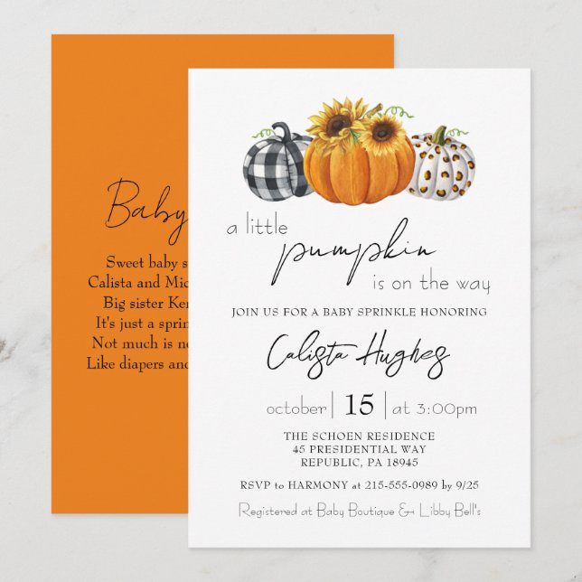 Autumn Little Pumpkin Sunflower Baby Sprinkle Invitation (Front/Back)