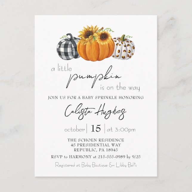 Autumn Little Pumpkin Sunflower Baby Sprinkle Postcard (Front)