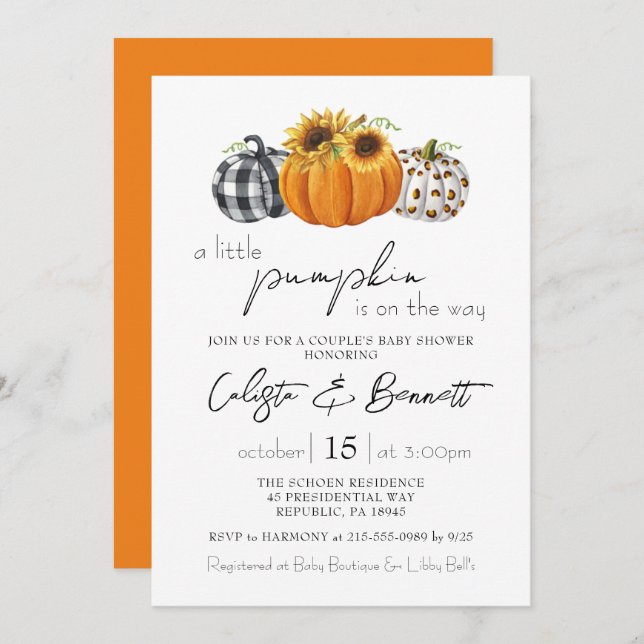 Autumn Little Pumpkin Sunflower Couple Baby Shower Invitation (Front/Back)