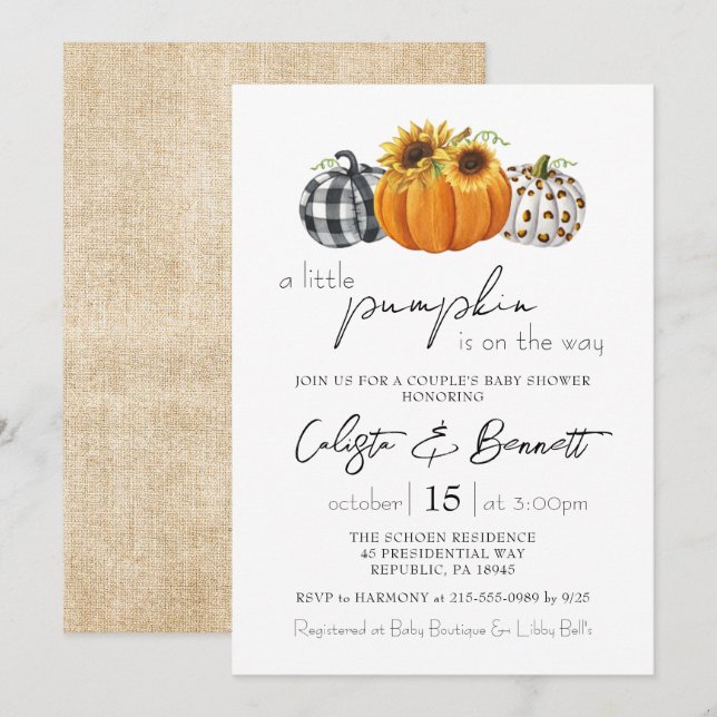 Autumn Little Pumpkin Sunflower Couple Baby Shower Invitation (Front/Back)