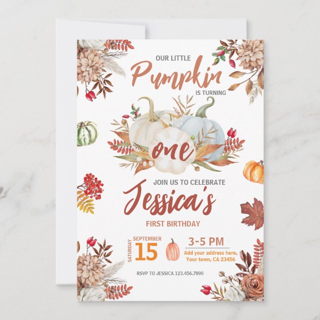 Autumn Little Pumpkin Turning One Fall Birthday Invitation (Front)