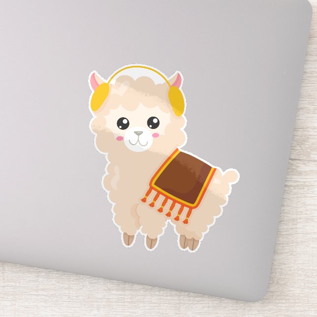 Autumn Llama, Cute Llama, Cute Alpaca, Ear Muffs Sticker (Detail)