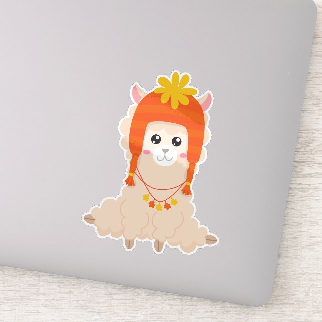 Autumn Llama, Cute Llama, Llama With Hat, Alpaca Sticker (Detail)
