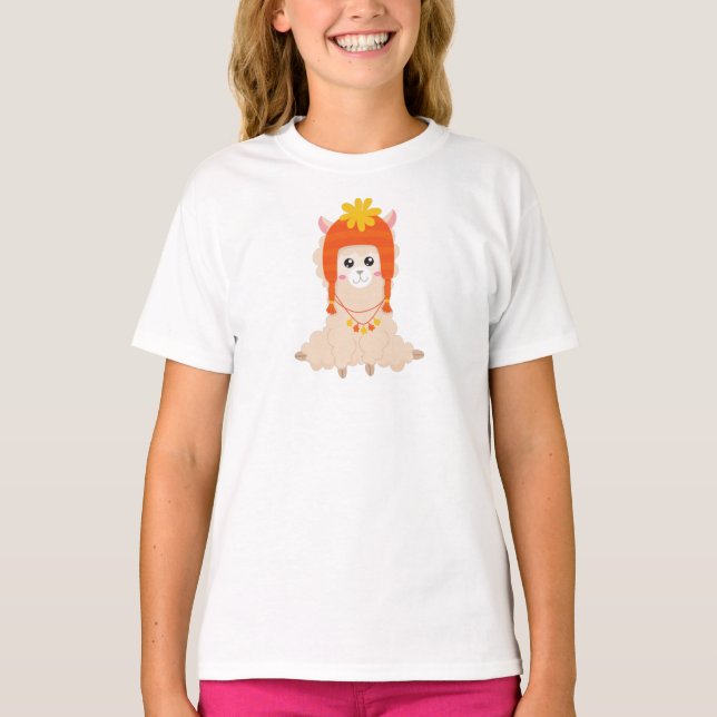 Autumn Llama, Cute Llama, Llama With Hat, Alpaca T-Shirt (Front)