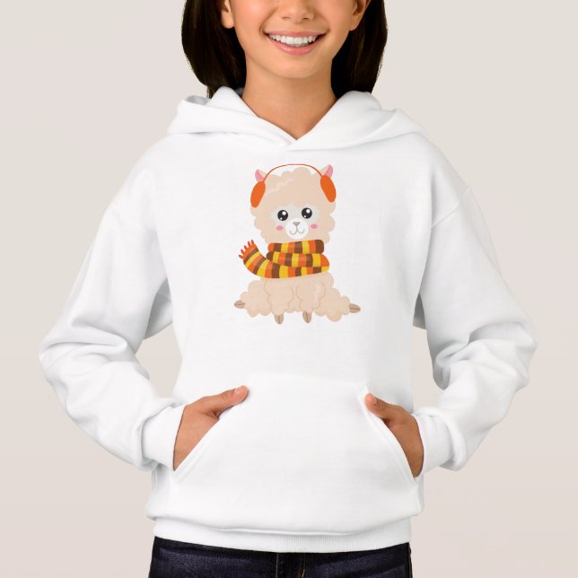 Autumn Llama, Cute Llama, Llama With Scarf, Alpaca Hoodie (Front)