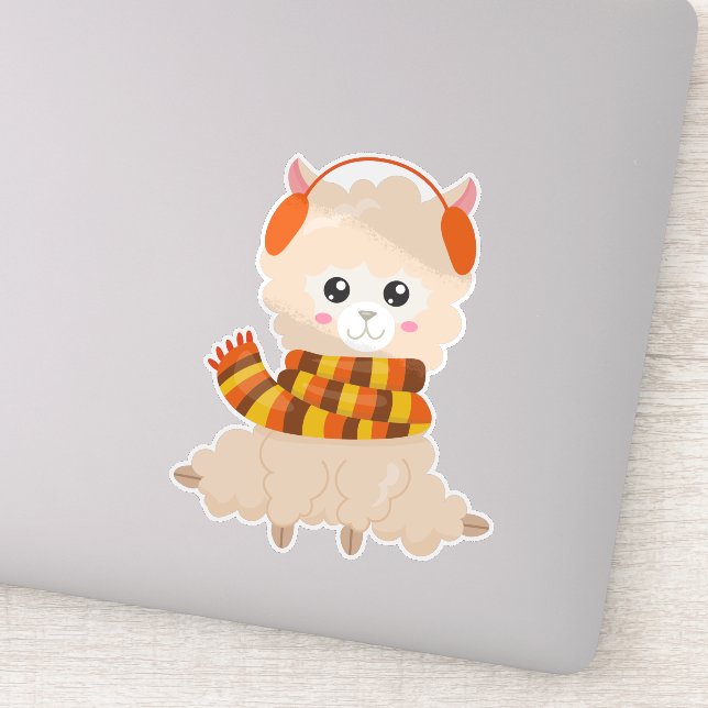 Autumn Llama, Cute Llama, Llama With Scarf, Alpaca Sticker (Detail)