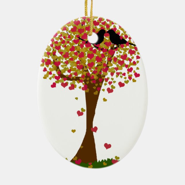 Autumn Love Birds in a Tree of Hearts Ceramic Ornament (Back)