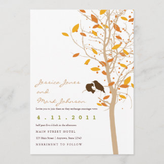 Autumn Love Birds in Tree with Fall Leaves Invitation