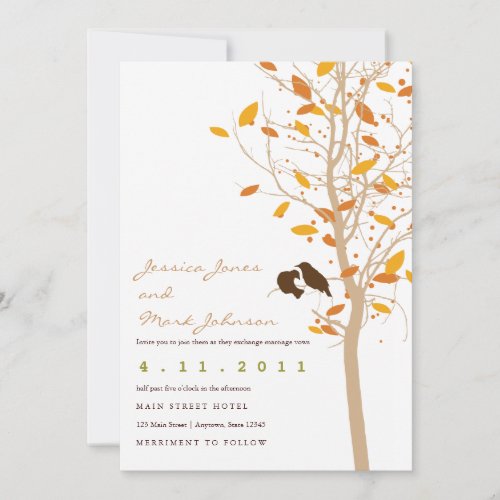 Autumn Love Birds in Tree with Fall Leaves Custom Invites