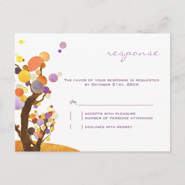 Autumn Love Trees Purple Wedding RSVP Invitation Postcard (Front)