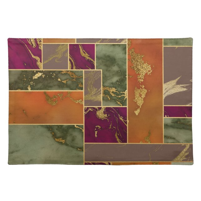Autumn Luxury | Geometric Gold Jewel Tone Marble Cloth Placemat (Front)