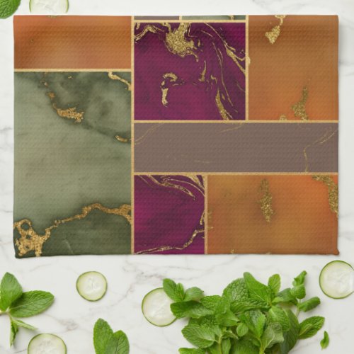 Autumn Luxury  Geometric Gold Jewel Tone Marble Kitchen Towel