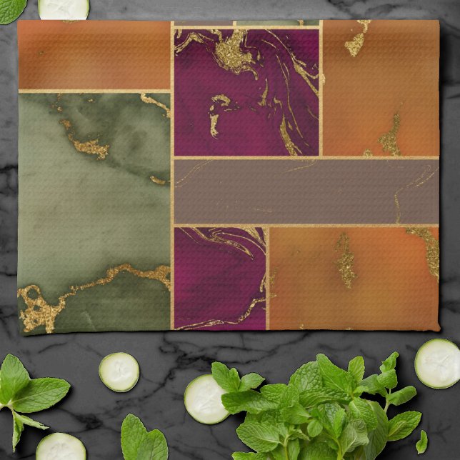 Autumn Luxury | Geometric Gold Jewel Tone Marble Kitchen Towel (Creator Uploaded)