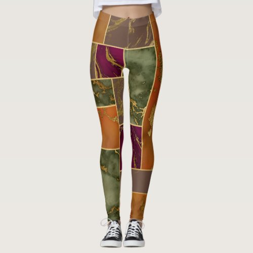 Autumn Luxury  Geometric Gold Jewel Tone Marble Leggings