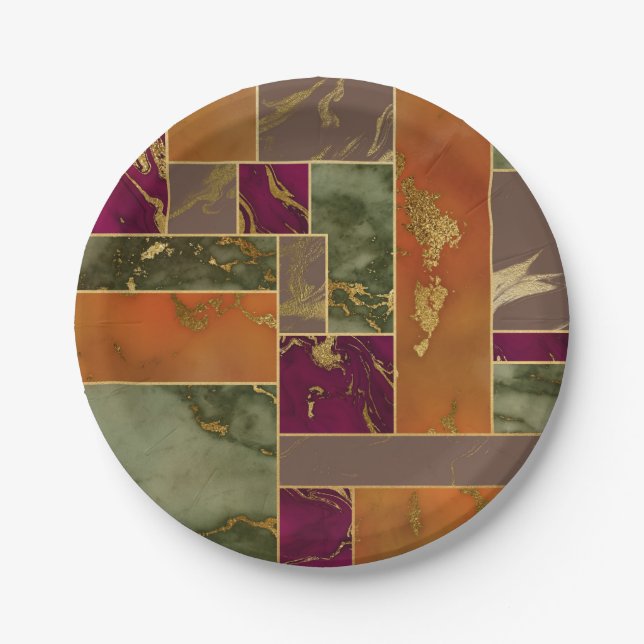 Autumn Luxury | Geometric Gold Jewel Tone Marble Paper Plates (Front)